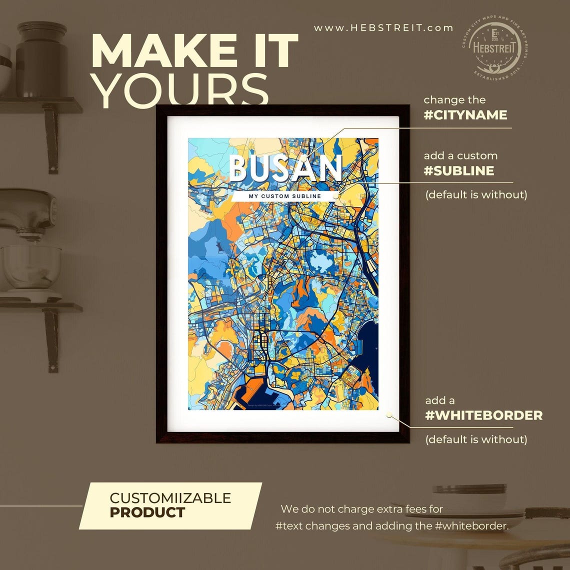 Busan South Korea Bold City Map Art Poster in Navy Orange and Yellow - Image 2