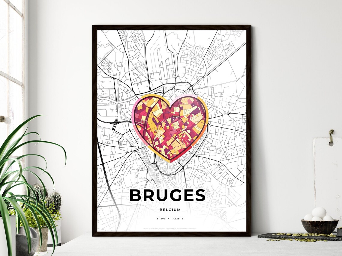 Bruges Belgium Modern Minimalist Heart Street Map Art Poster
