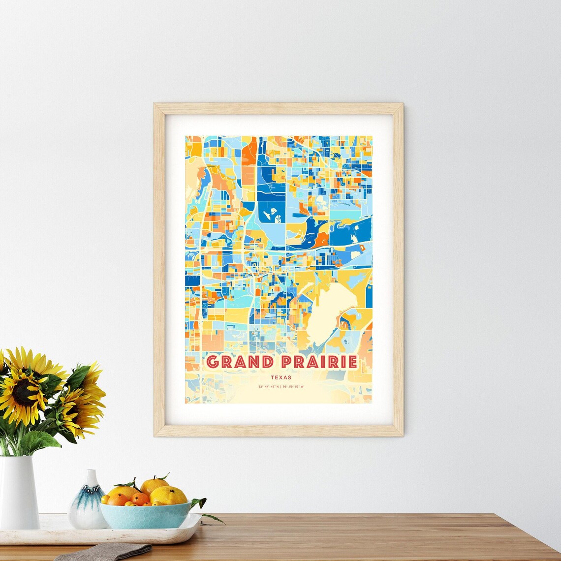 Grand Prairie Texas Vibrant Modern Blue Orange City Map Art Poster - Image 2