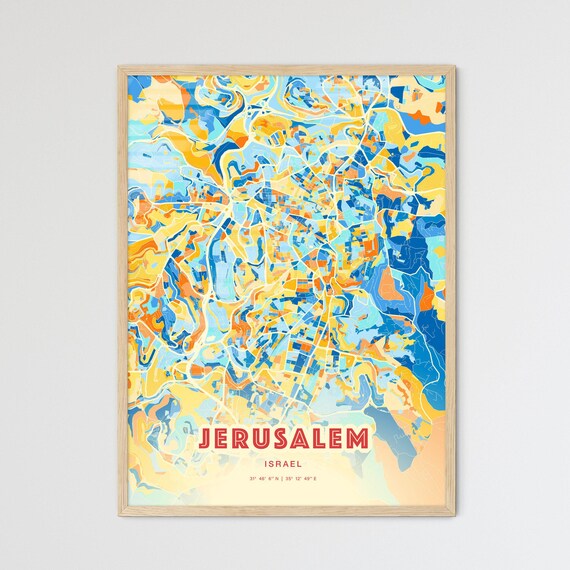 Jerusalem Israel Vibrant Colorful Blue Orange City Map Art Poster