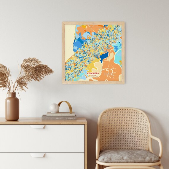Conakry Guinea City Map Abstract Blue Orange Modern Art Print