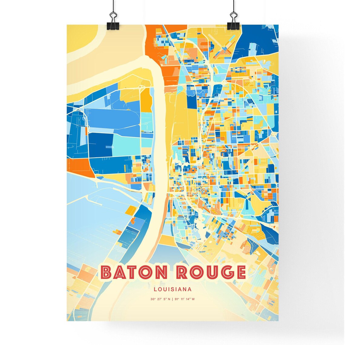 Baton Rouge Louisiana Colorful City Map Art Poster Blue Orange River Design - Image 3