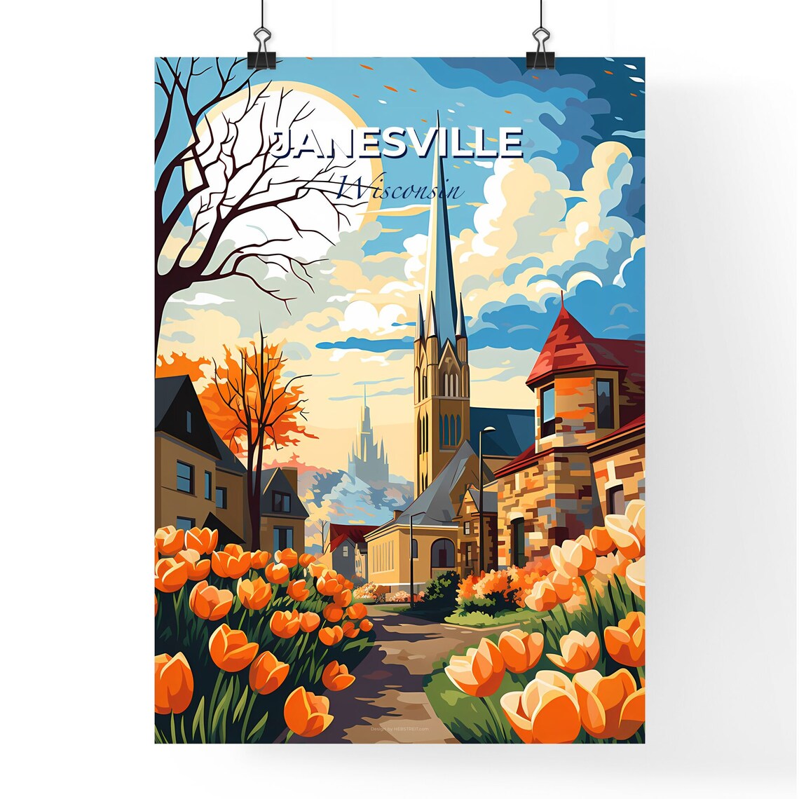 Janesville Wisconsin Tulip Garden Church Spire Spring Town Poster - Image 4