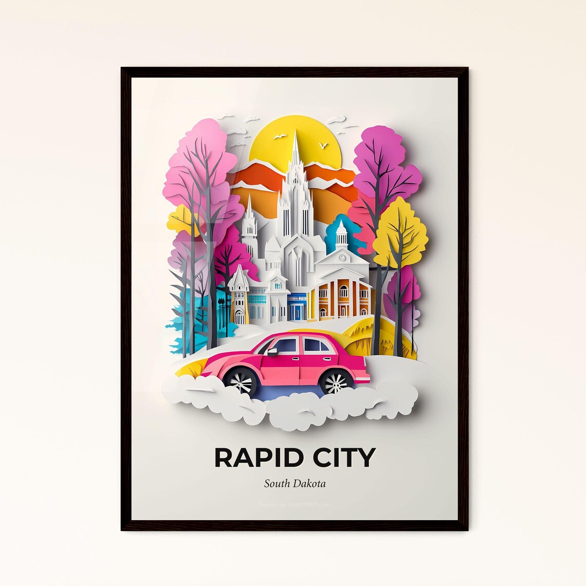 Rapid City South Dakota Pink Car Papercut Snow Travel Poster
