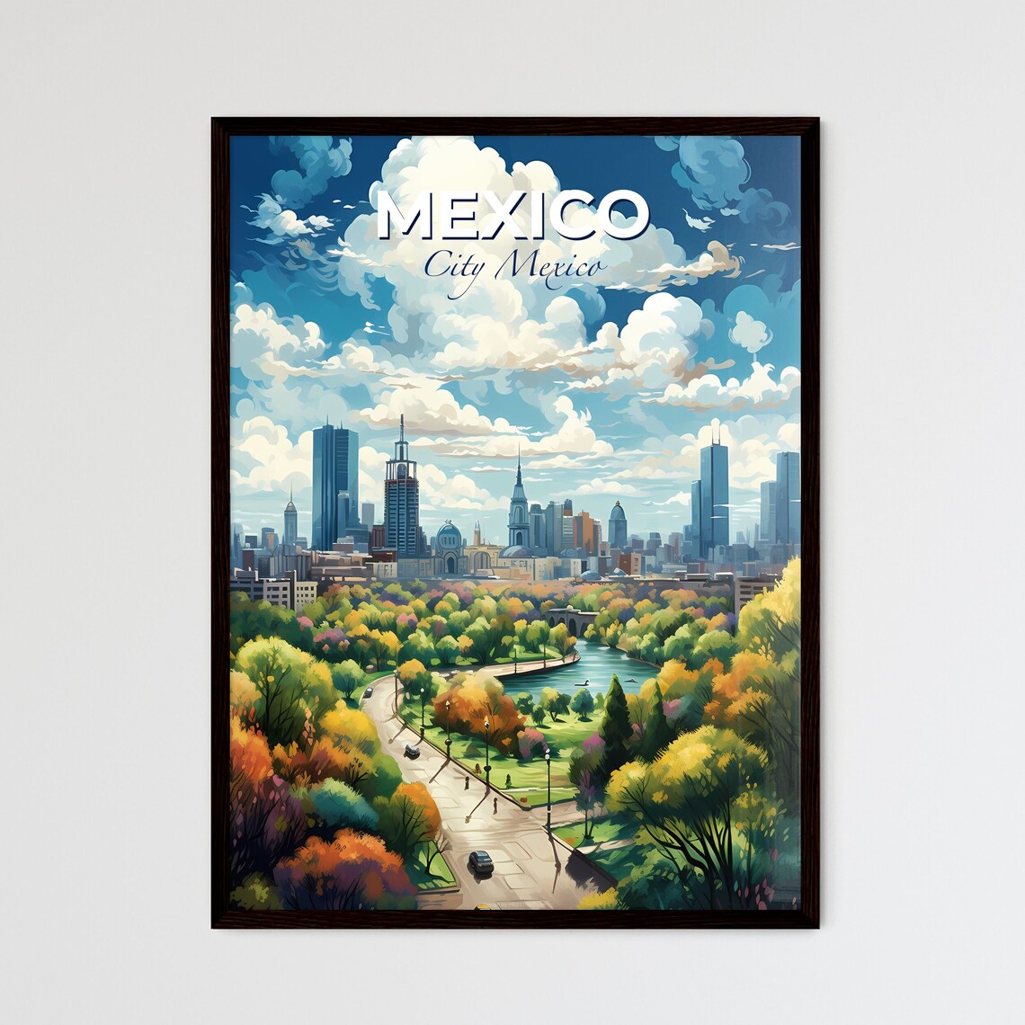 Mexico City Mexico Golden Autumn Park Lake Skyline Travel Poster