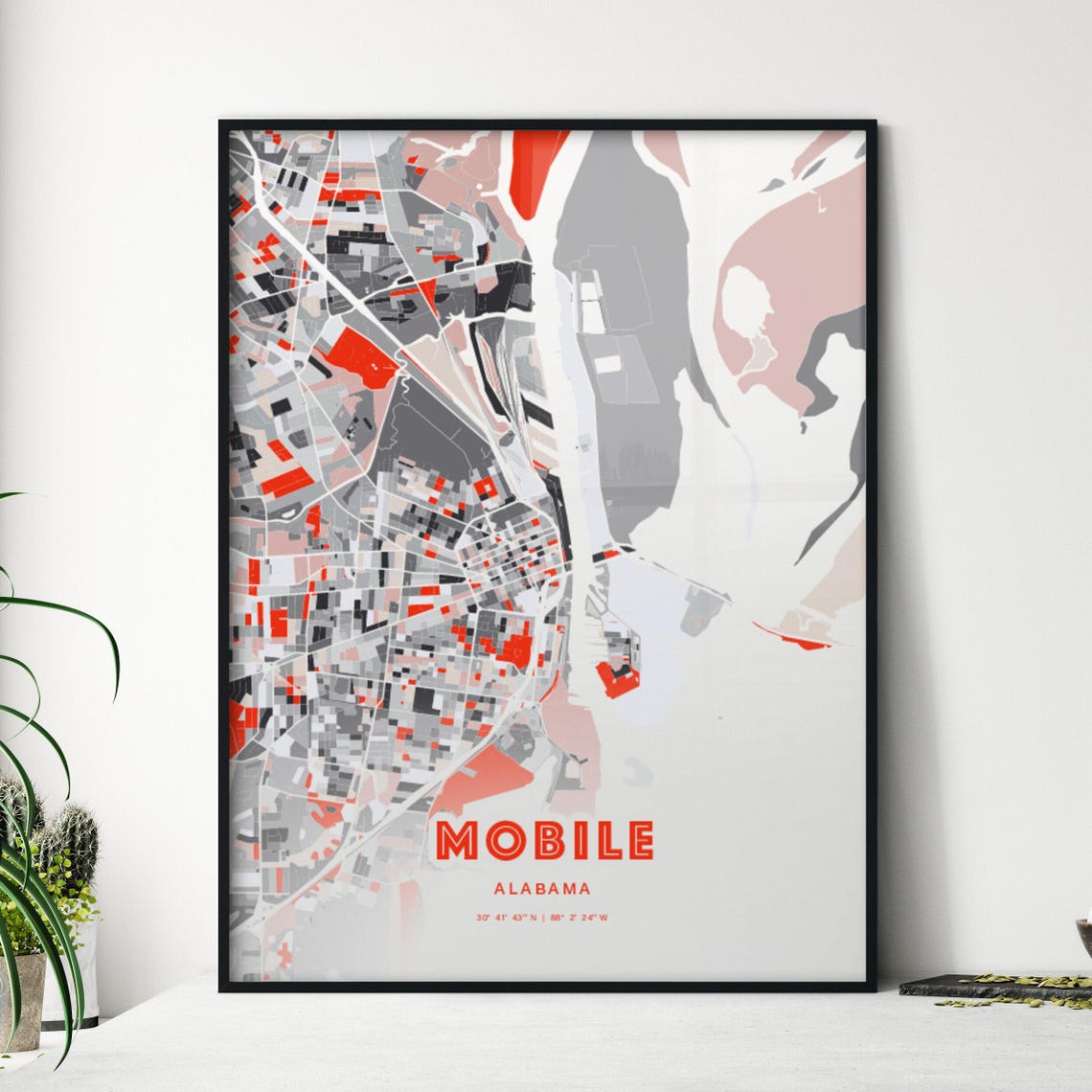 Mobile Alabama Modern Red Expressive City Map Poster with Coordinates