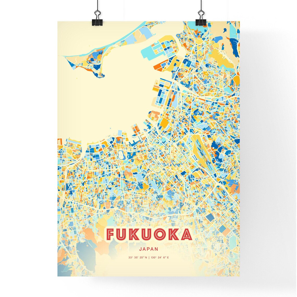 Fukuoka Japan Colorful Blue Orange City Map Art Poster Decor - Image 3
