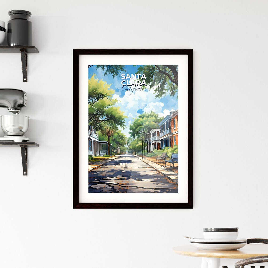 Santa Clara California Tree Lined Historic Street Bench Art Poster - Image 2