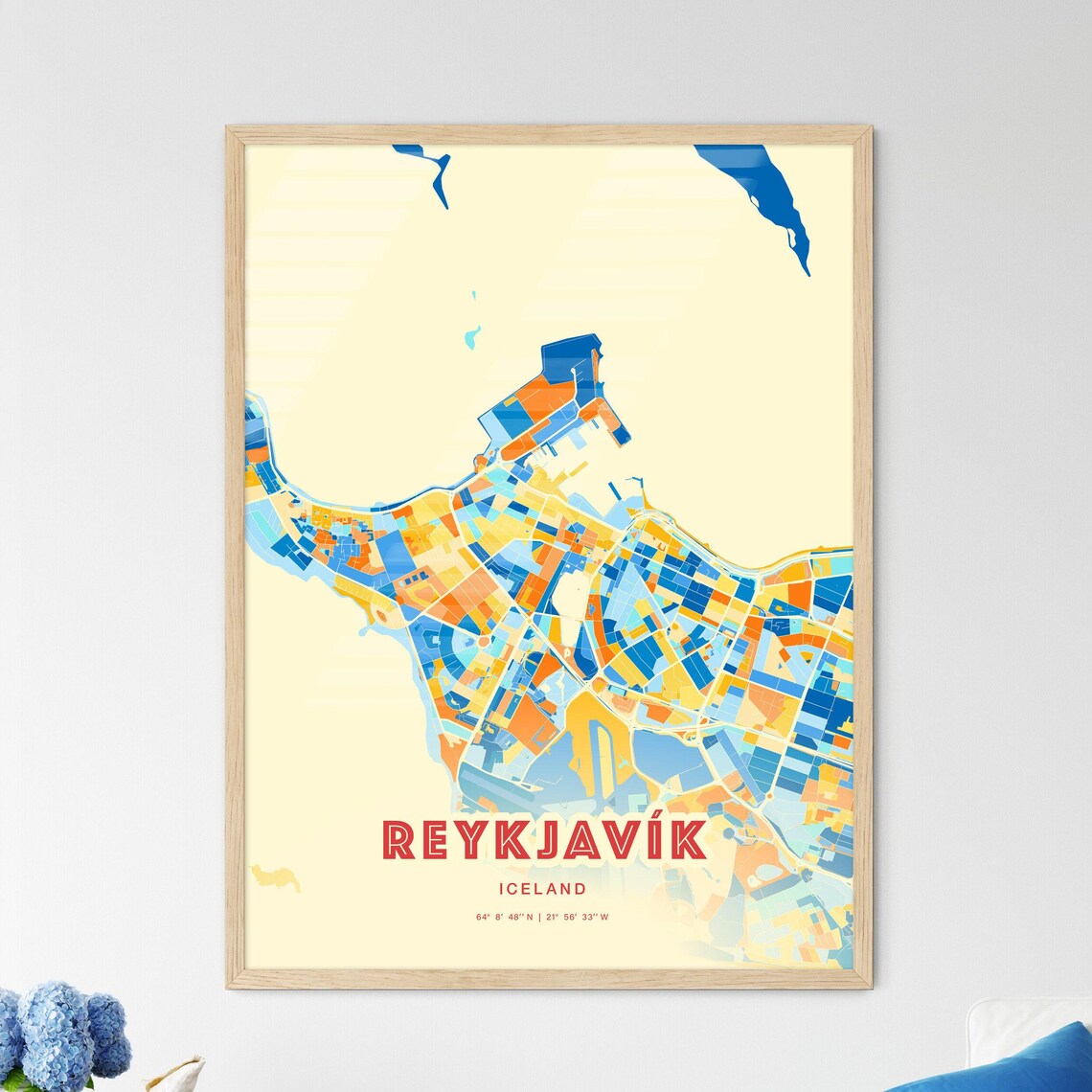 Reykjavik Iceland Modern Colorful City Map Blue Orange Poster