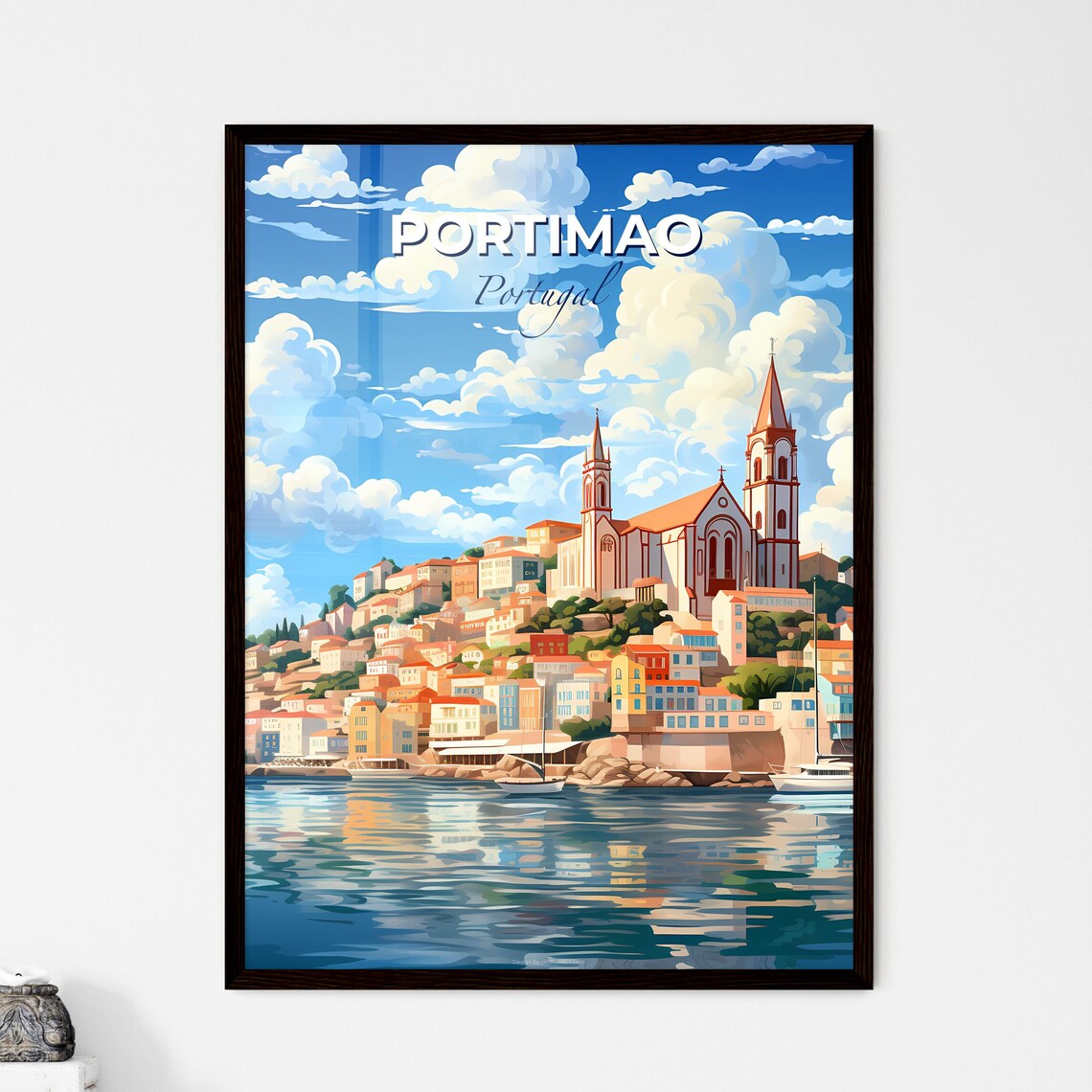 Portimao Portugal Coastal Harbor Town Church Towers Travel Poster