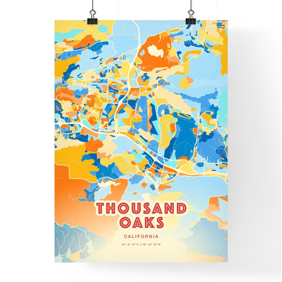 Thousand Oaks California Colorful Blue Orange Abstract City Map Poster - Image 3