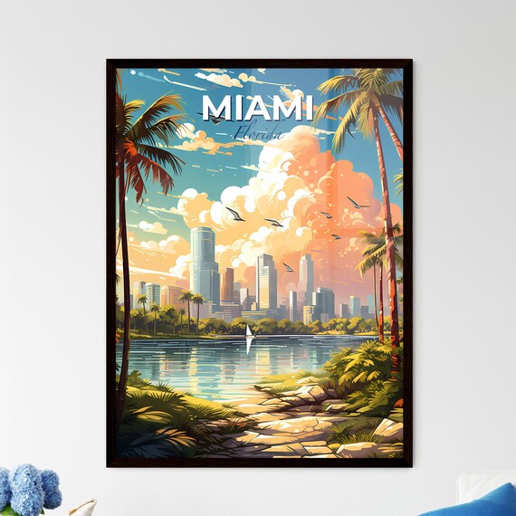 Miami Florida Vintage Travel Skyline Palm Trees Waterfront Poster