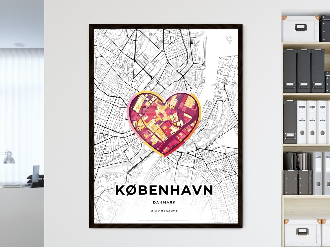Copenhagen Denmark Modern Minimalist Heart Street Map Art Poster