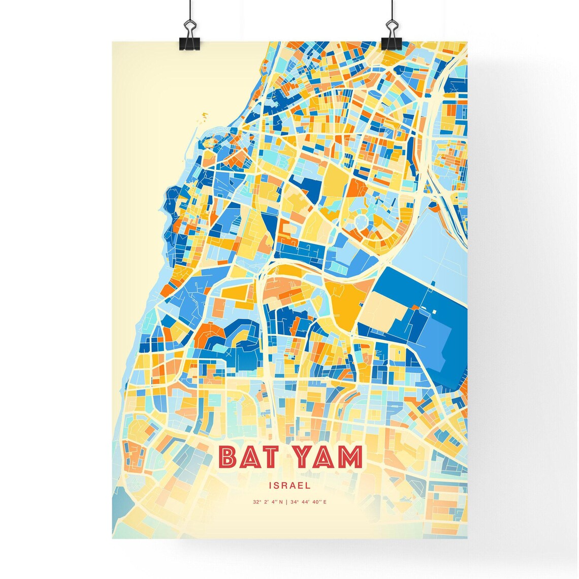 Bat Yam Israel Blue Orange City Map With Coordinates Art Poster - Image 3
