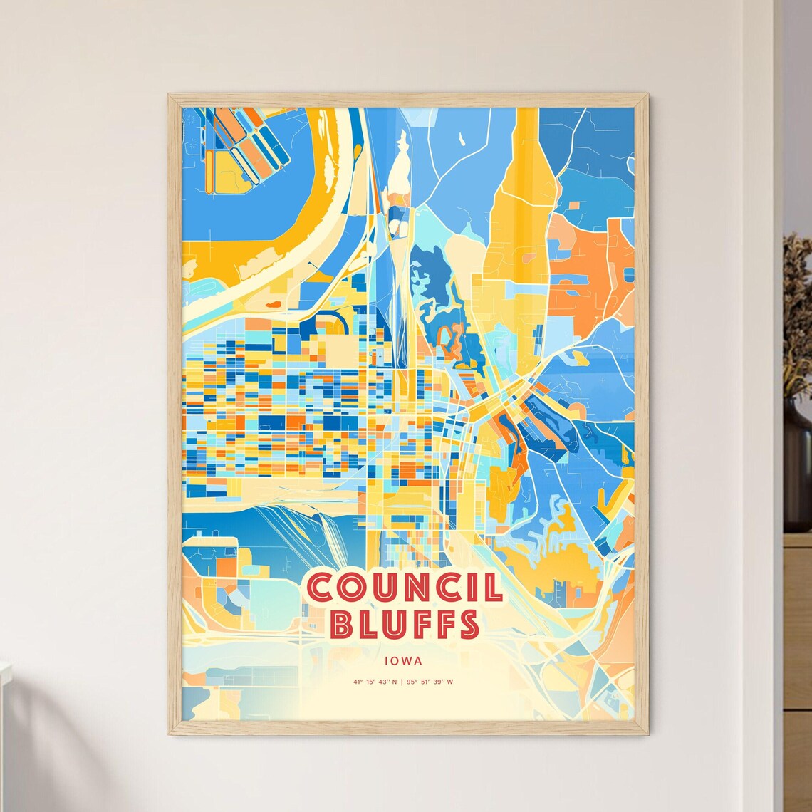 Council Bluffs Iowa Modern Colorful City Street Map Art Poster - Image 3