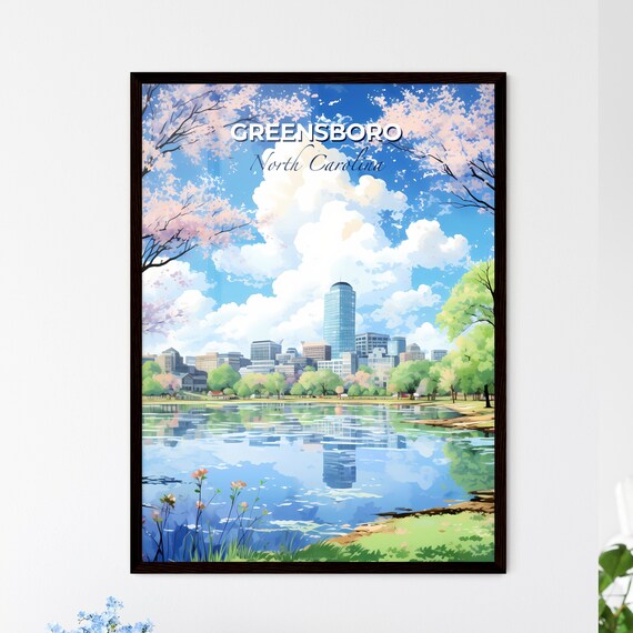 Greensboro North Carolina Skyline Lake Vintage Travel Poster