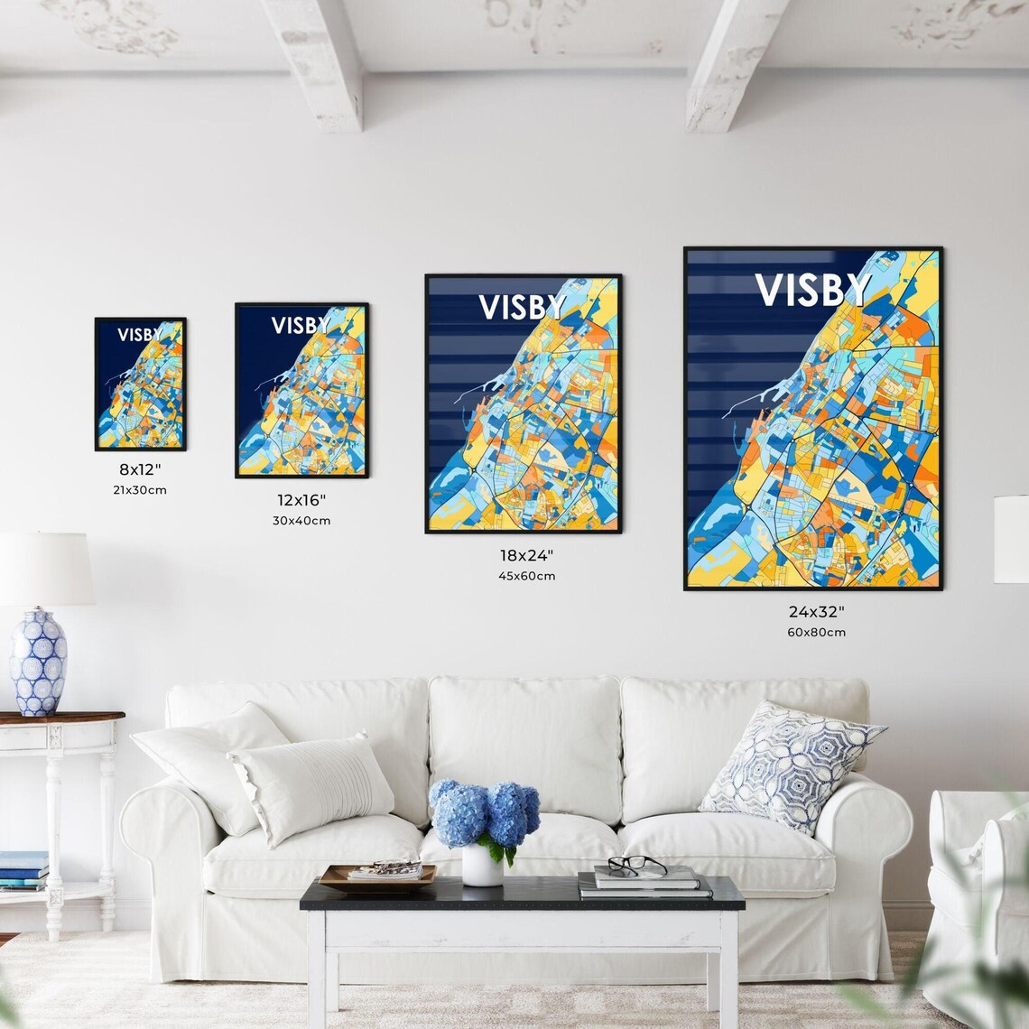 Visby Sweden Colorful Blue and Orange City Street Map Art Poster - Image 3