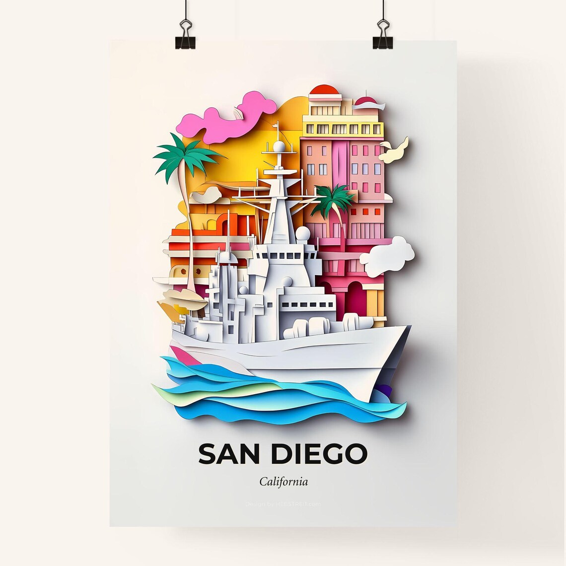 Vivid San Diego California Harbor Ship Papercut Travel Poster - Image 4
