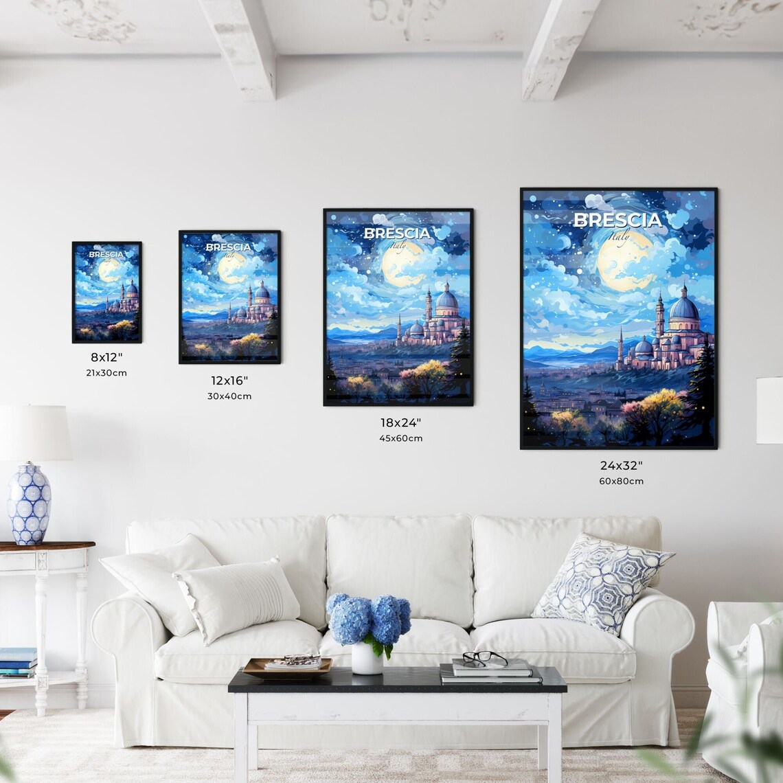 Brescia Italy Night Full Moon Cathedral Domes Hill Travel Poster - Image 3