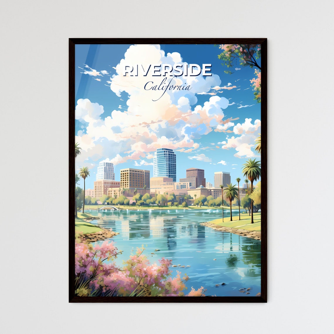 Riverside California Skyline Lake Sunset Anime Travel Poster