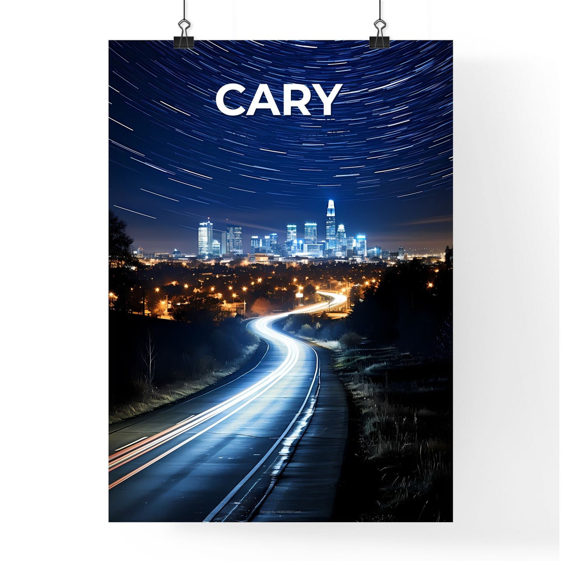 Cary Night Skyline Road Light Trails Under Starry Sky Poster - Image 4