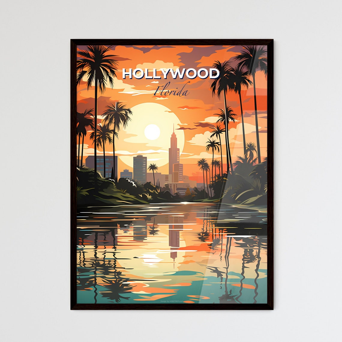Hollywood Florida Sunset Palm Trees River Skyline Travel Poster