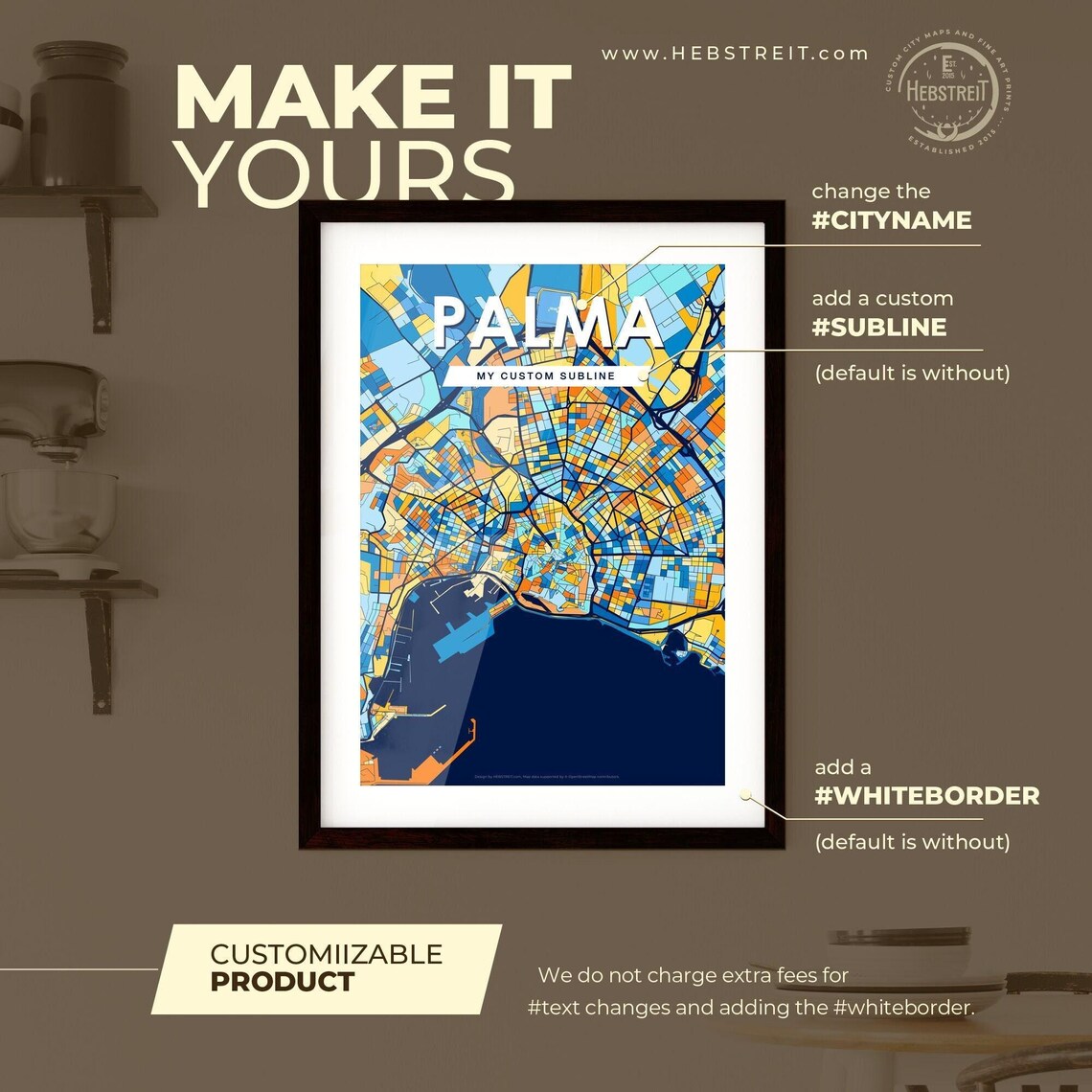 Palma Spain Blue Orange Vibrant Bayfront City Map Art Poster - Image 2