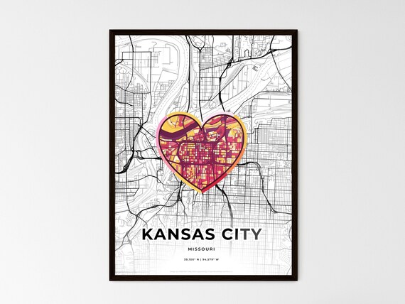 Kansas City Missouri Minimal Map Art With Colorful Heart Icon Poster