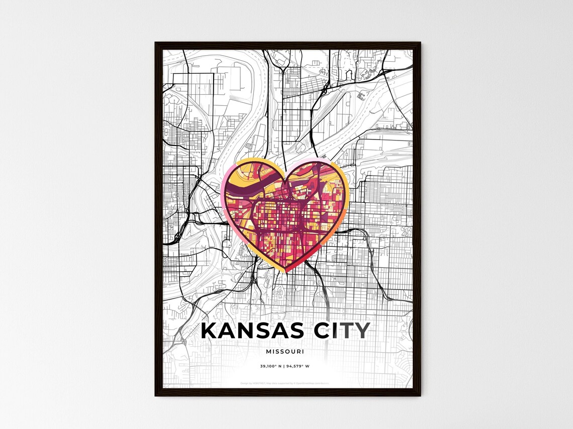 Kansas City Missouri Minimal Map Art With Colorful Heart Icon Poster