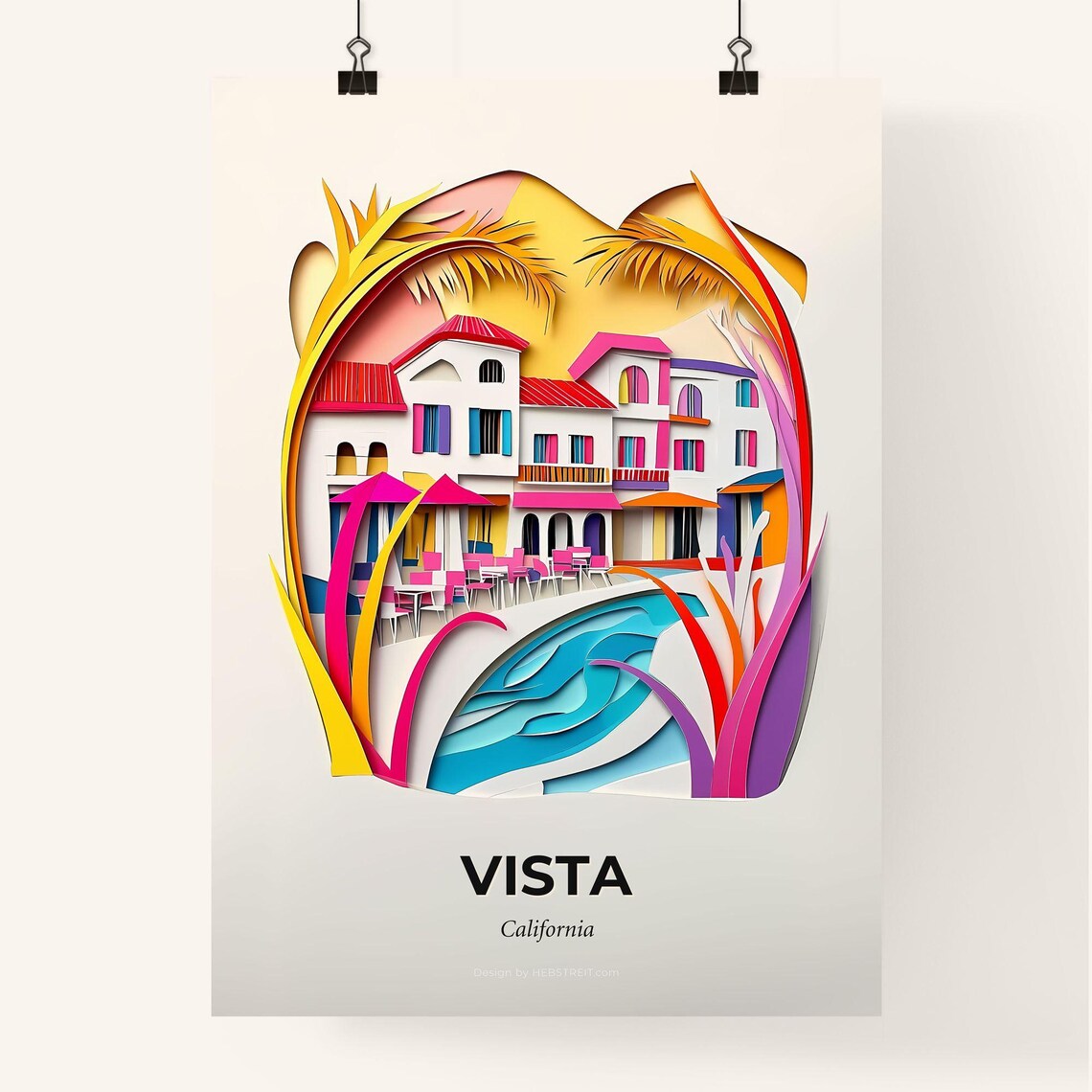 Vista California Spanish Villa Pool Colorful Paper Cut Poster - Image 4