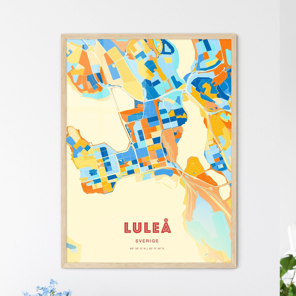 Lulea Sweden Retro City Map Art Poster Blue Orange Street Style