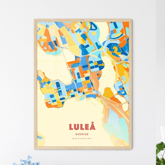 Lulea Sweden Retro City Map Art Poster Blue Orange Street Style