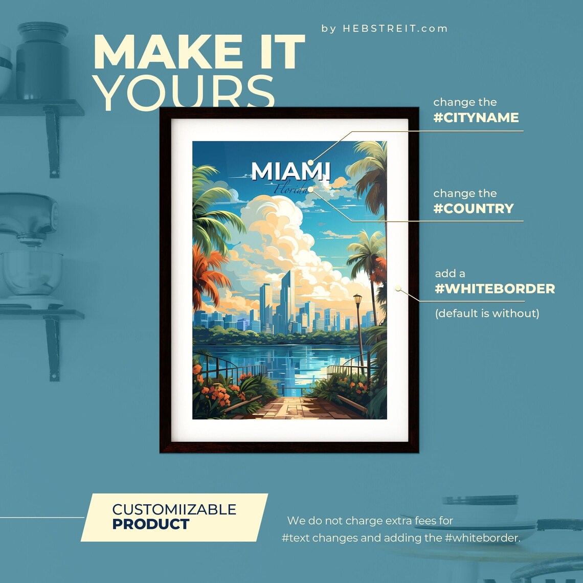 Miami Florida Skyline Poster Palm Trees Waterfront Vintage Travel Art - Image 2