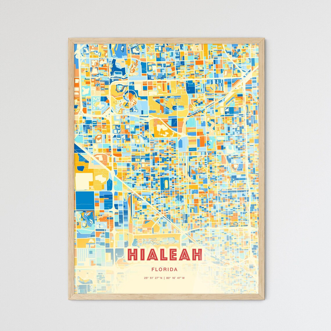 Hialeah Florida Colorful Blue Orange City Street Map Coordinates Poster