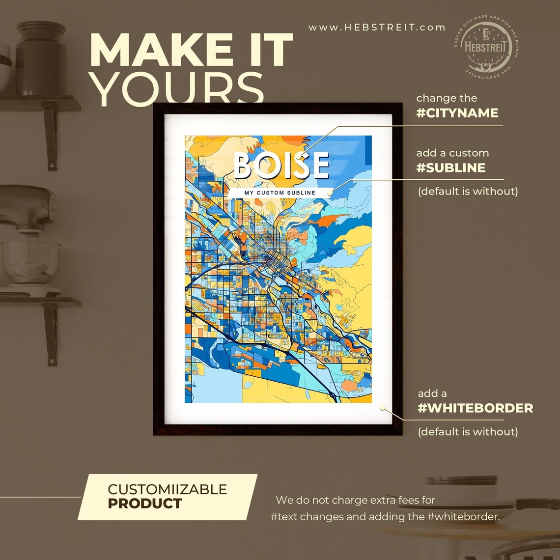 Boise Idaho City Map Art Print With Bold Yellow Orange And Blue Streets - Image 2