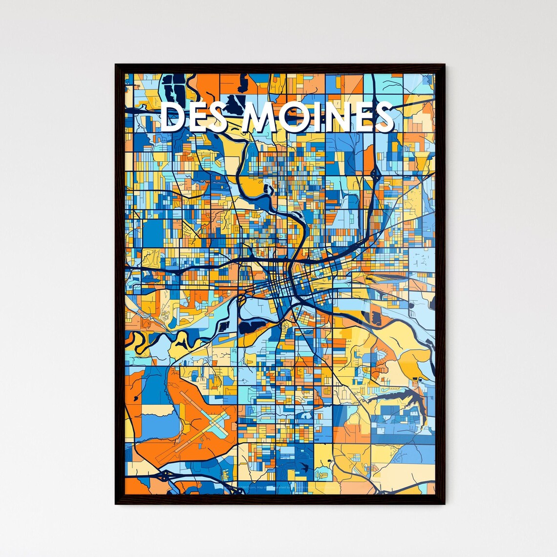 Des Moines Iowa Colorful City Map Art Poster With Navy Blue Streets