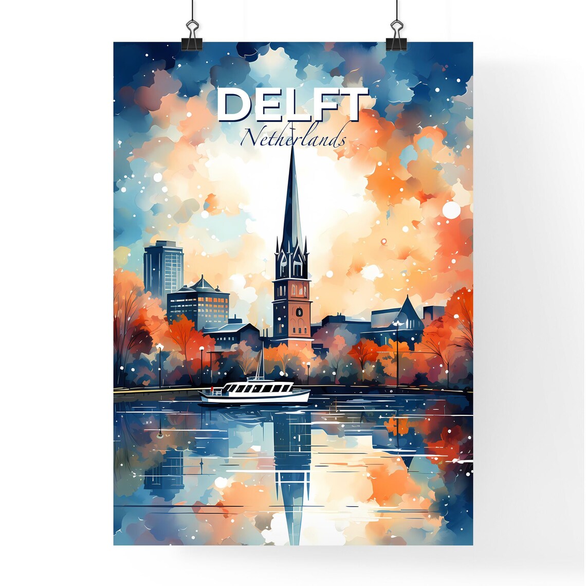 Delft Netherlands Canal Church Travel Poster Watercolor Sunset Art - Image 4