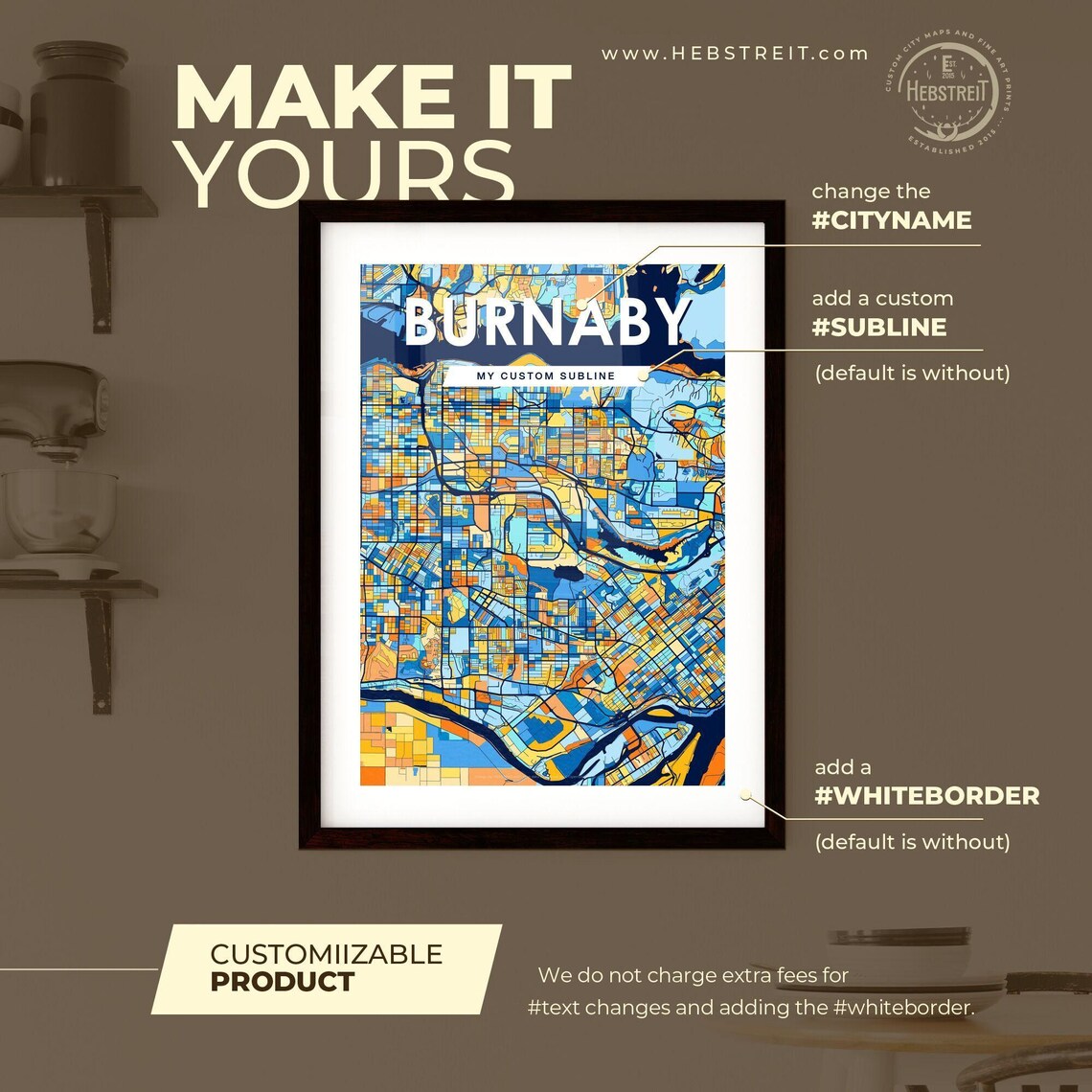 Burnaby Canada Bold City Map Art Poster in Navy Orange and Yellow - Image 2
