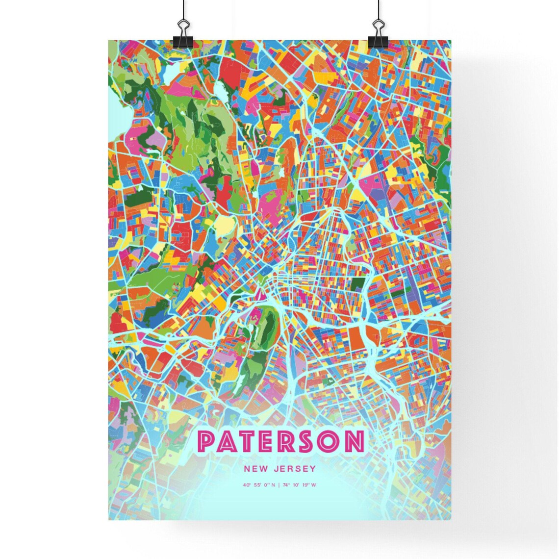 Paterson New Jersey Crazy Colorful Mosaic City Map Art Poster - Image 3