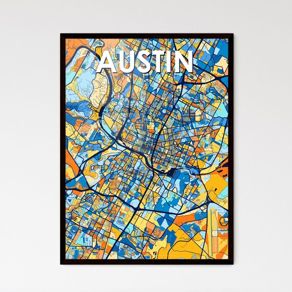 Austin Texas Blue Orange Colorful City Street Map Art Poster