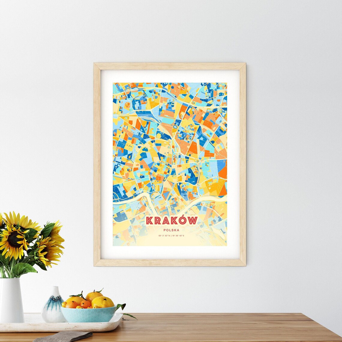 Krakow Poland Elegant Pastel Blue and Orange Fine Art Map Print - Image 2