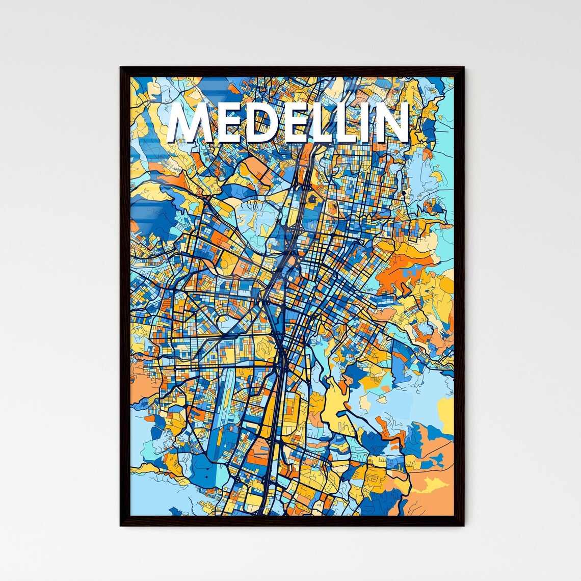 Medellin Colombia Stylish Vibrant Blue and Orange Mosaic City Map Poster