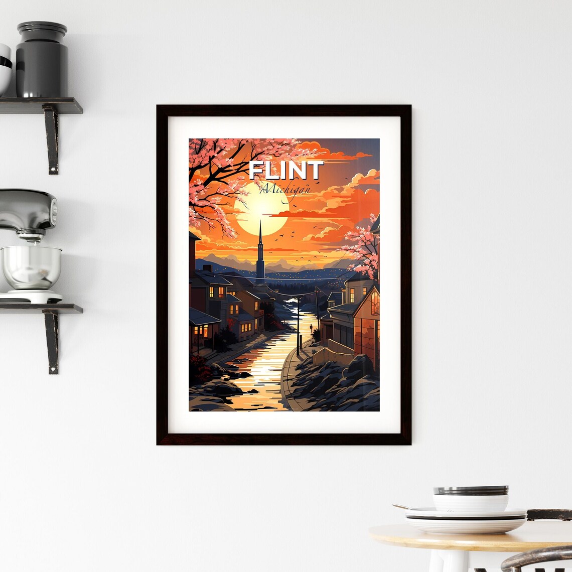 Flint Michigan Sunset River Street Blossom Town View Travel Poster - Image 2