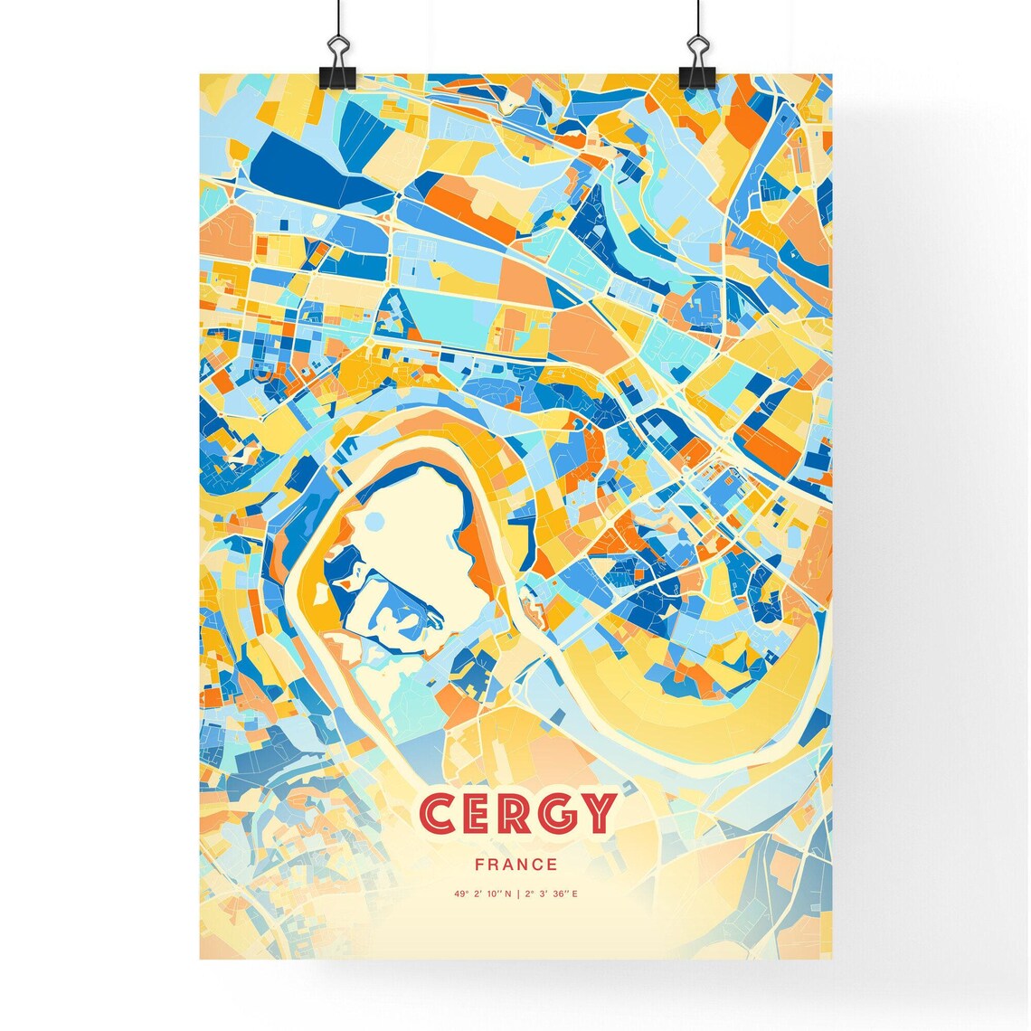 Cergy France Colorful Blue and Orange Retro City Street Map Wall Art - Image 3