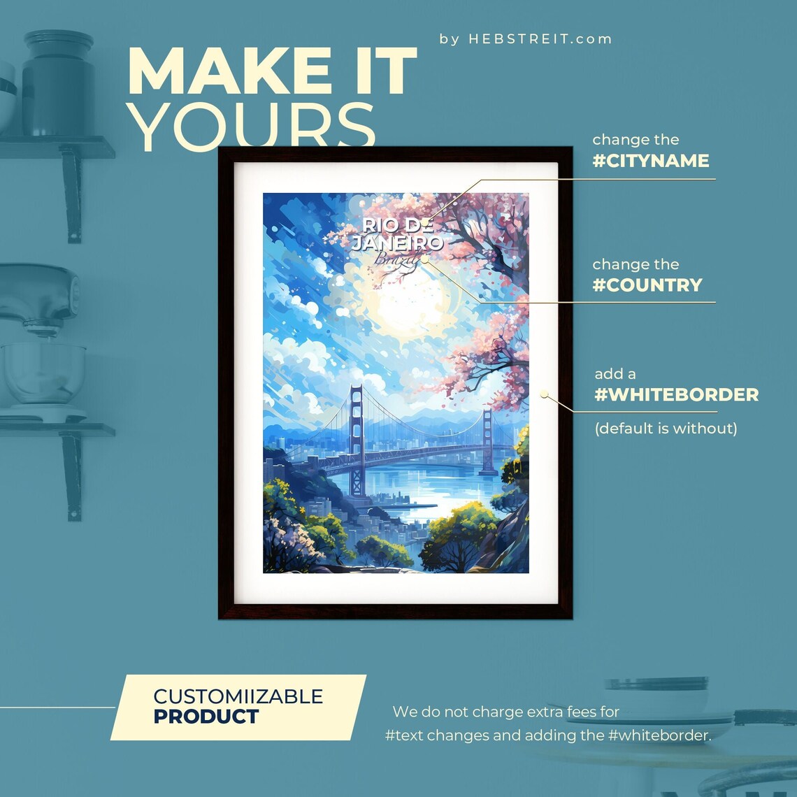 Rio de Janeiro Brazil Skyline Bridge Bay Blossom Sunset Travel Poster - Image 2