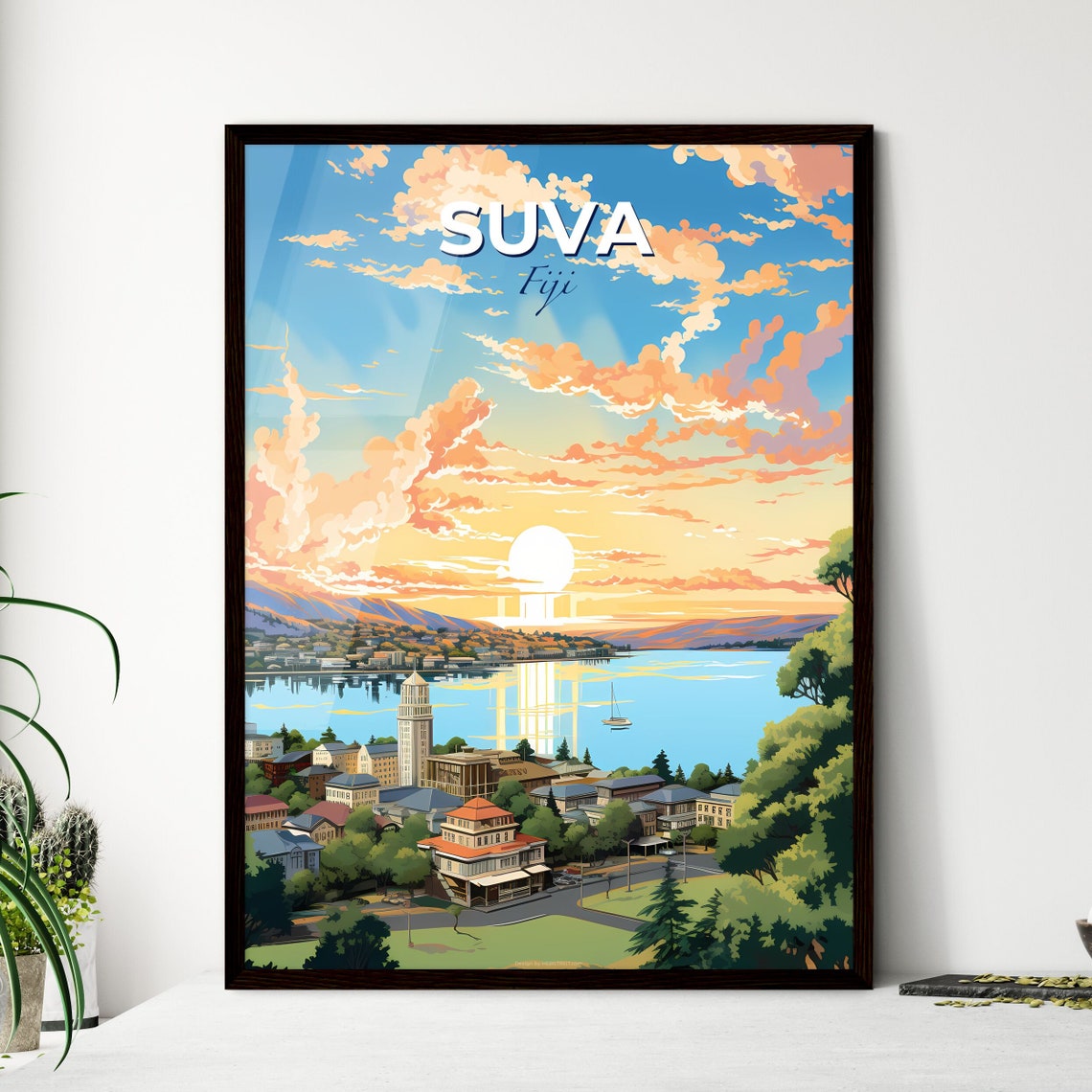 Suva Fiji Pacific Sunset over the Harbor with Hillside Homes Poster