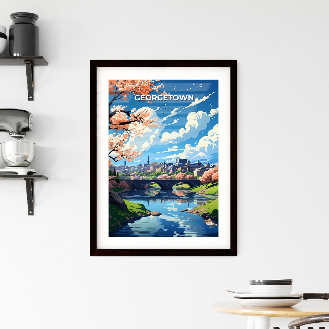 Georgetown Texas River Bridge Travel Poster Blossom Trees City Art - Image 2