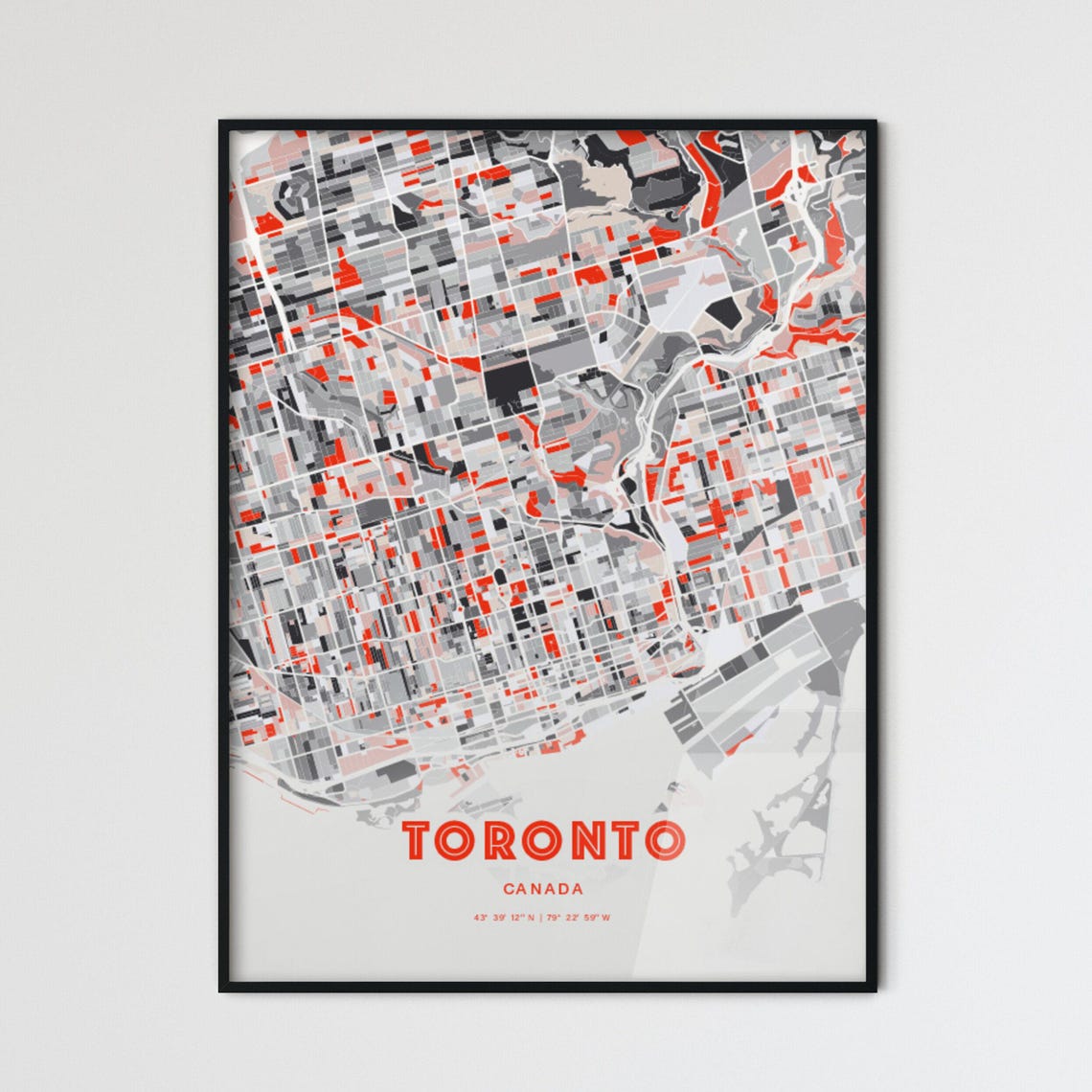 Toronto Canada Modern Red Abstract City Street Map Art Poster