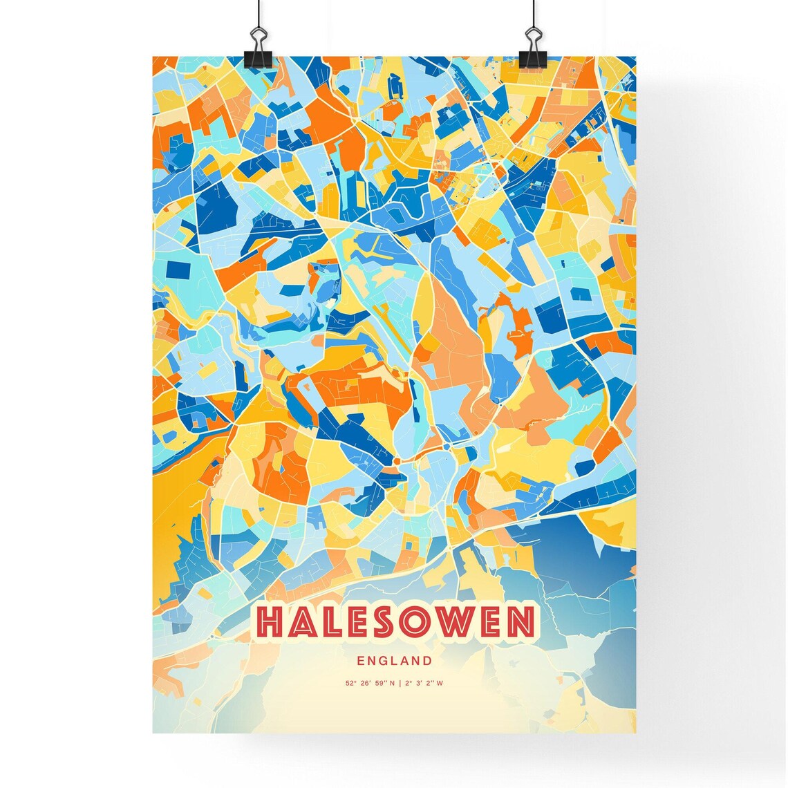 Halesowen England Colorful Blue and Orange Retro City Street Map Wall Art - Image 3