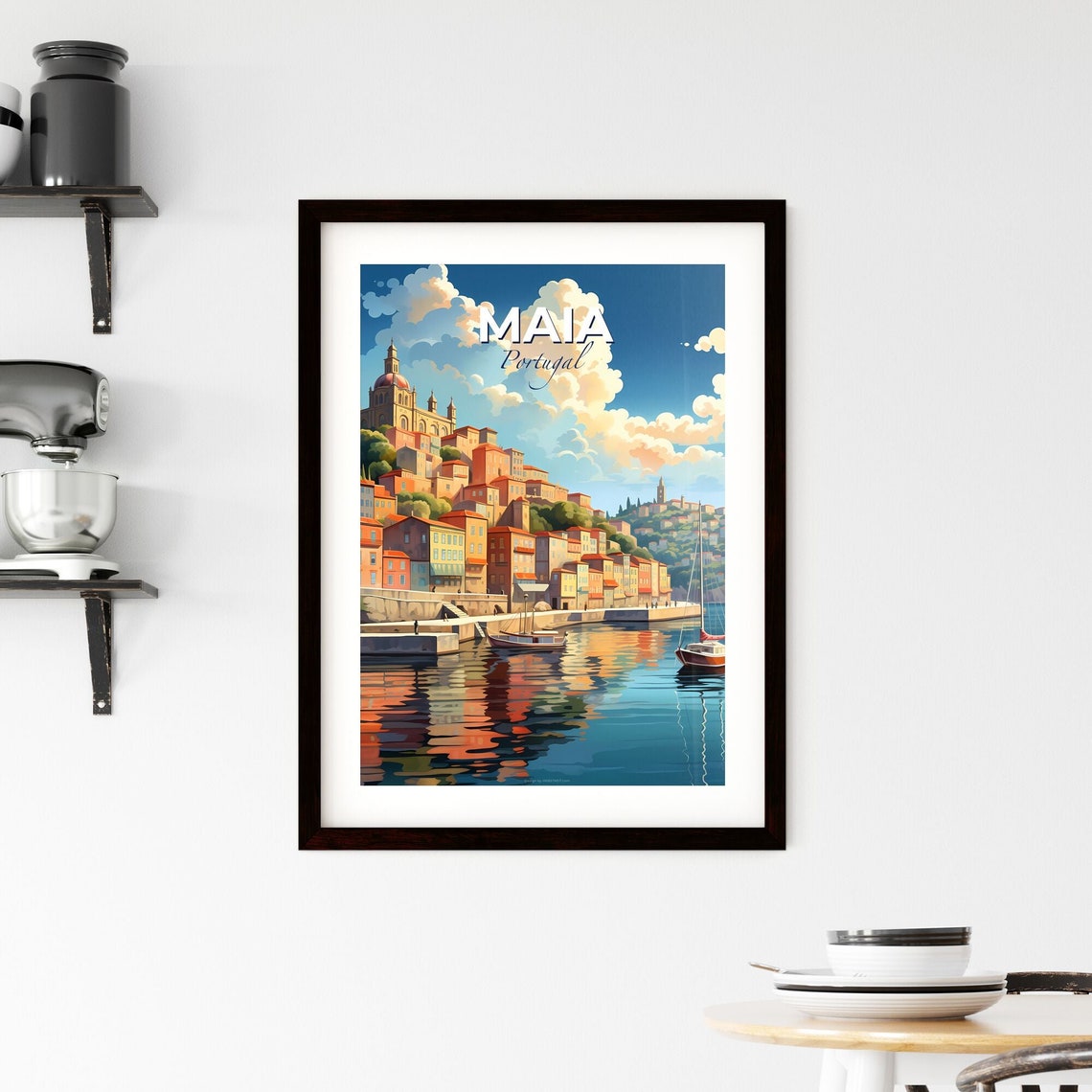Maia Portugal Waterfront Old Town Boats Harbor Reflection Poster - Image 2